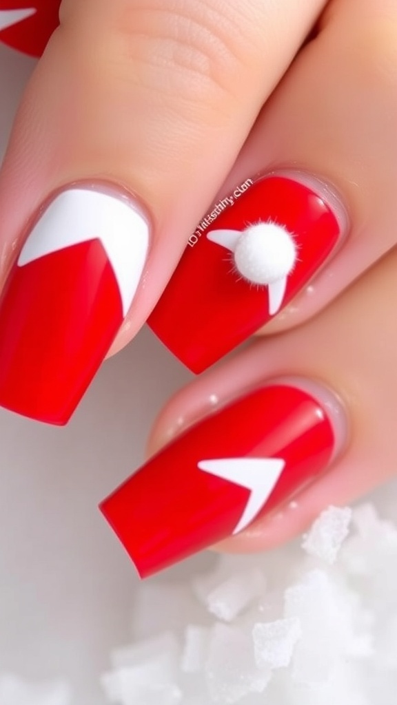Short nails with red and white Santa hat designs, perfect for Christmas.